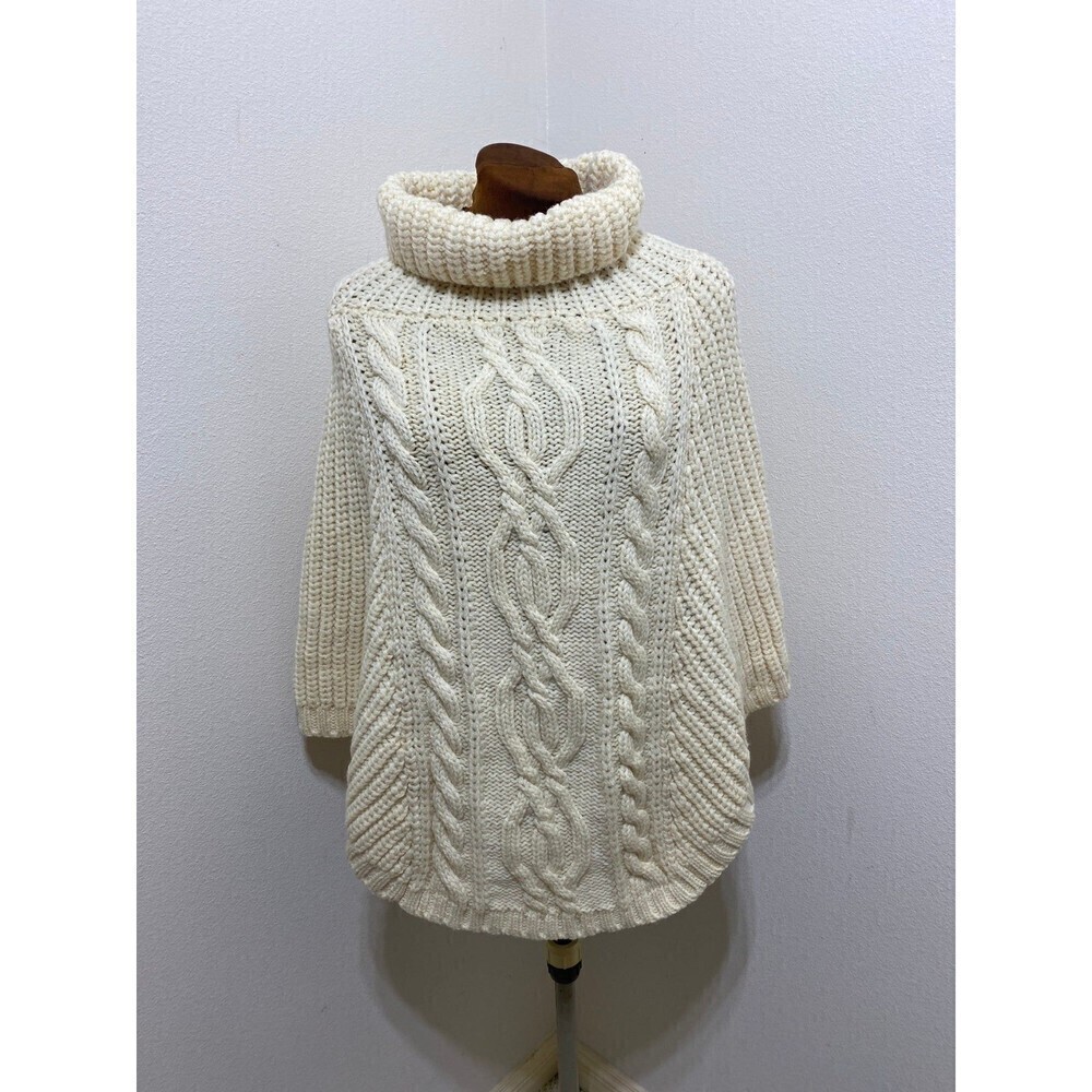Saol Aran Cowl Neck Knit Poncho for Women, 100% Premium Quality Merino Wool Wrap